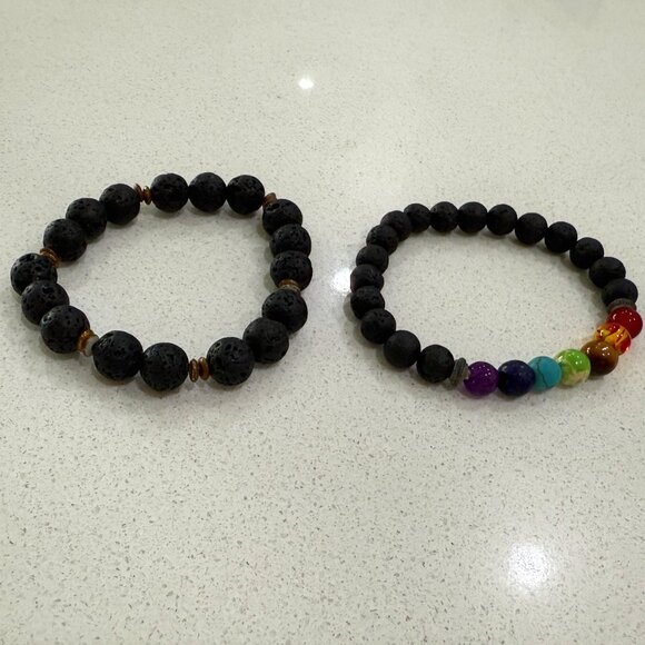 2 Basalt and Glass Beaded Bracelets Vintage - Picture 1 of 6
